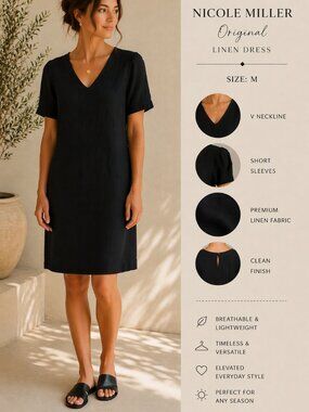 Womens Black Linen Dress M V Neck Minimalist Shift Capsule Wardrobe Summer Shift